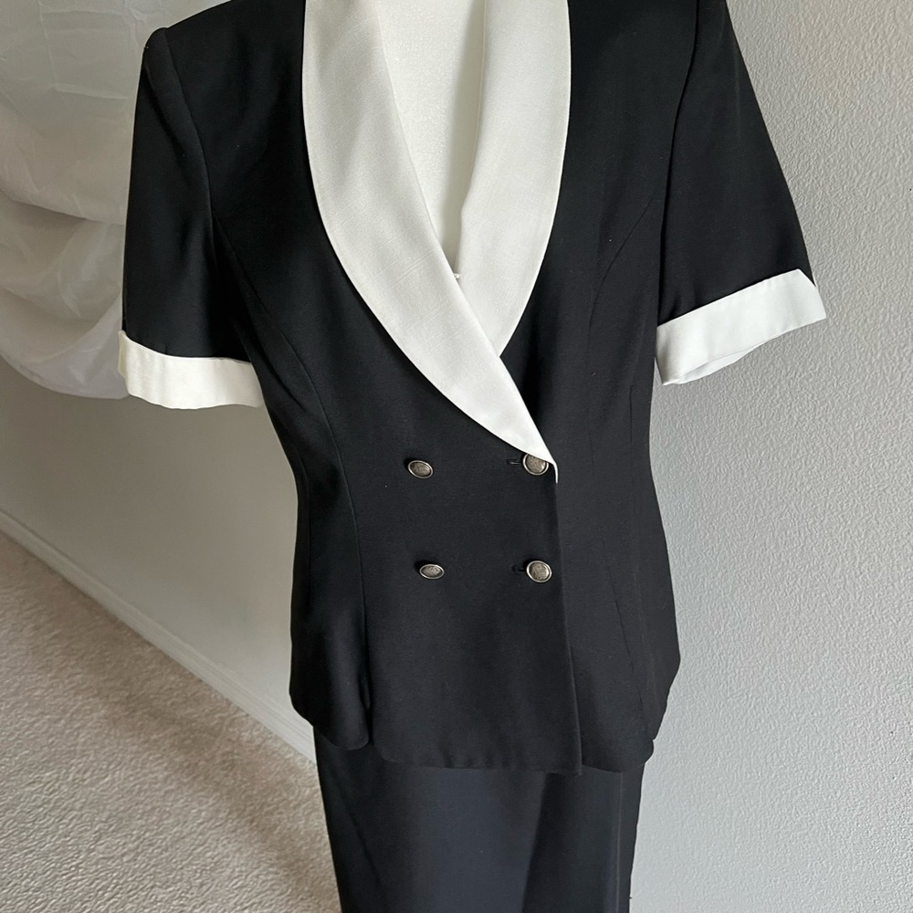 Kasper Black with White Trim Midi Skirt Suit Size 14